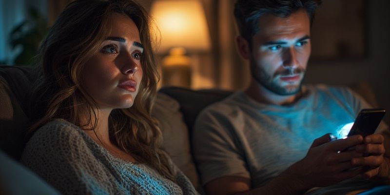 A woman looking sad while her partner is absorbed in his phone on the couch.
