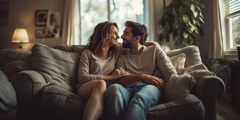 Happy couple demonstrating how simple words can save a relationship through intimate conversation