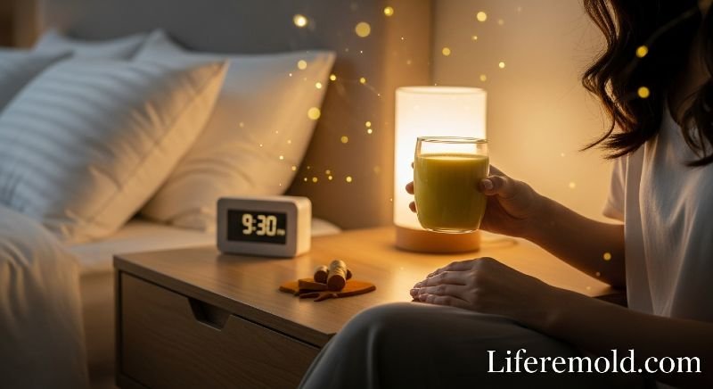 Glass of golden turmeric milk on bedside table for nighttime skincare routine