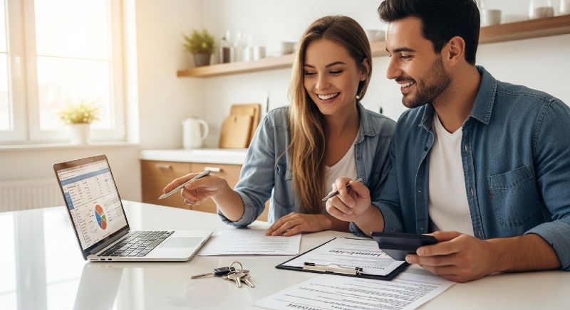 Couple reviewing mortgage rates and home loan options on laptop