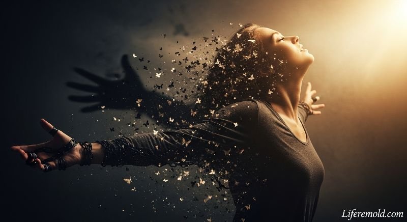 Powerful visual of person breaking free from anxiety chains transforming into light and butterflies