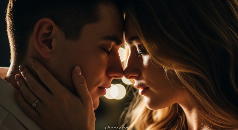 Romantic couple with foreheads touching sharing deep emotional connection