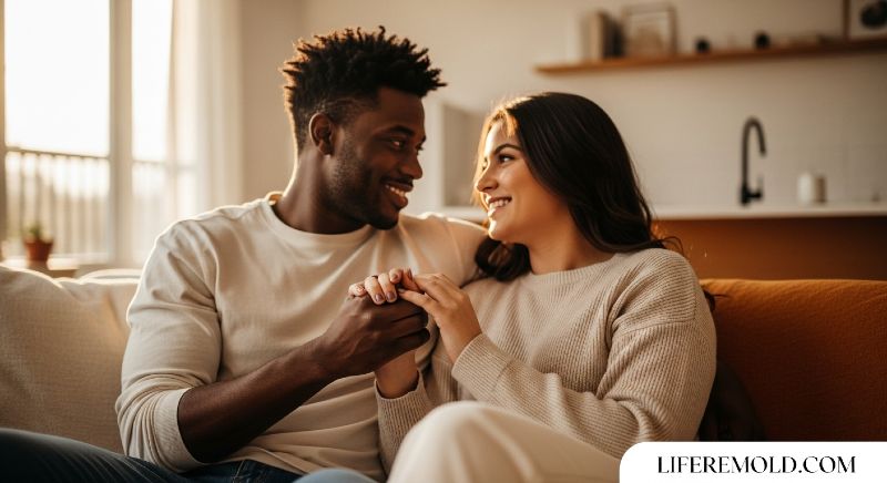 Happy couple holding hands showing emotional intimacy and closeness in relationship