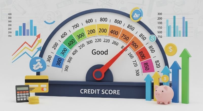 Credit score meter showing good to excellent range with financial improvement elements