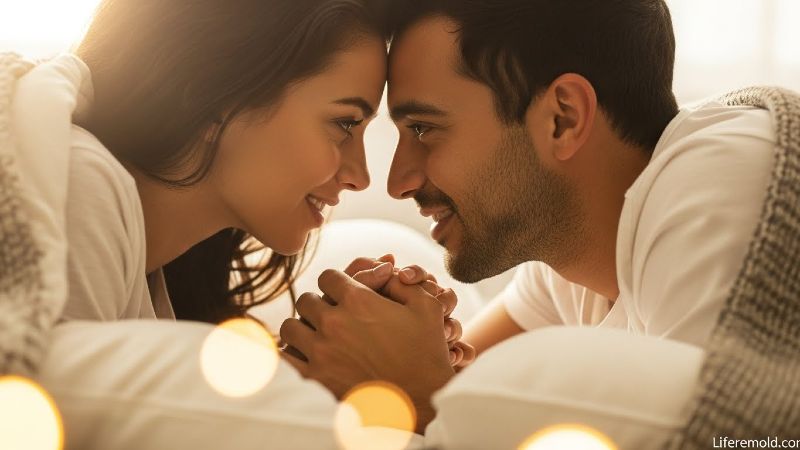 Romantic couple lying in bed face-to-face having intimate conversation before sleep