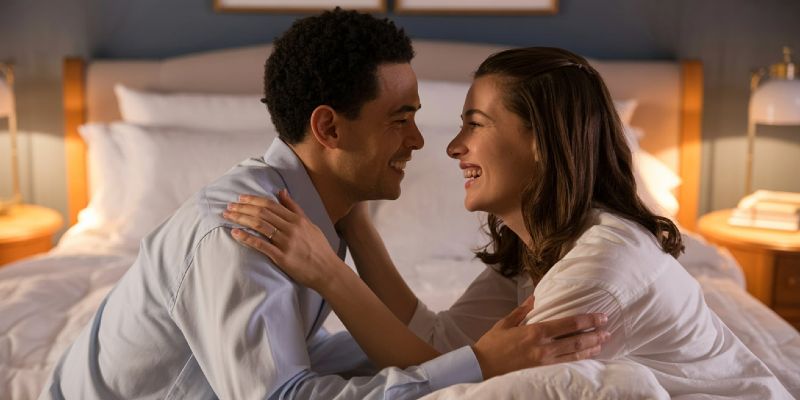 A happy couple connecting intimately in their bedroom at night.