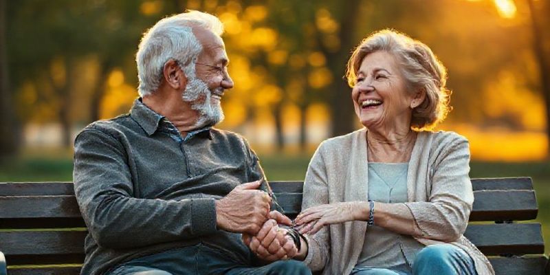 An elderly couple laughing together on a park bench, demonstrating a long-lasting relationship.
