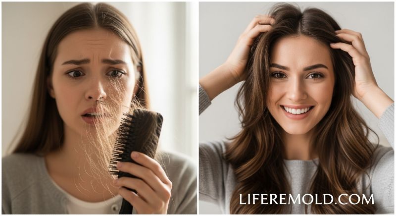 Woman discovering hidden causes of hair loss and regaining healthy hair growth