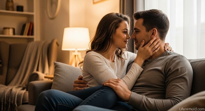 Couple sharing emotional intimacy and deep connection while sitting together