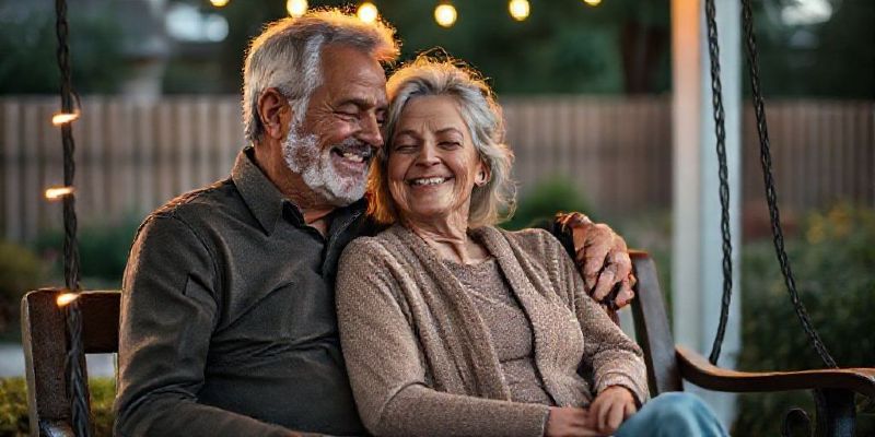 A mature couple smiling peacefully on a porch swing, illustrating how to keep love alive after years together.