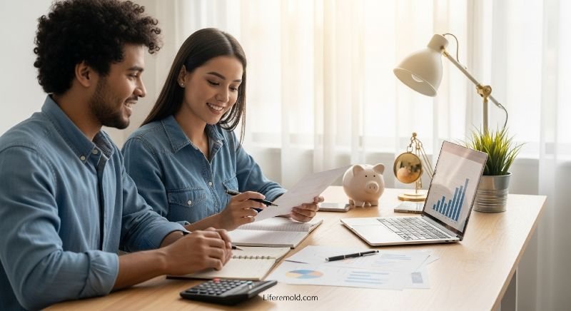 Couple planning finances together to save money smartly and build real wealth over time