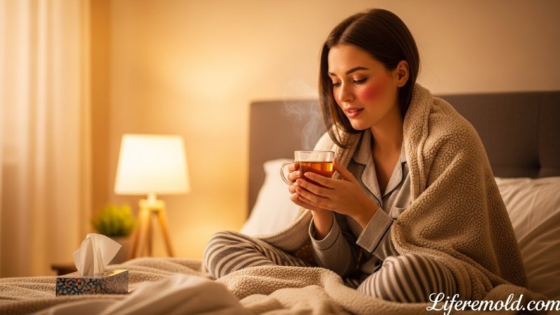 Woman drinking herbal tea while recovering from cold at home