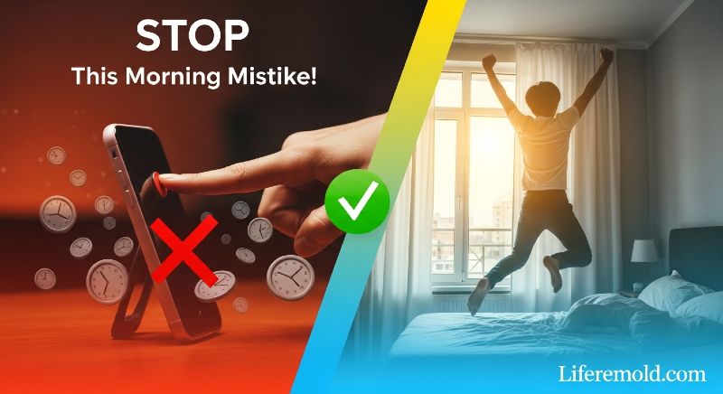 Person hitting snooze button versus energetically waking up comparison showing morning routine mistakes