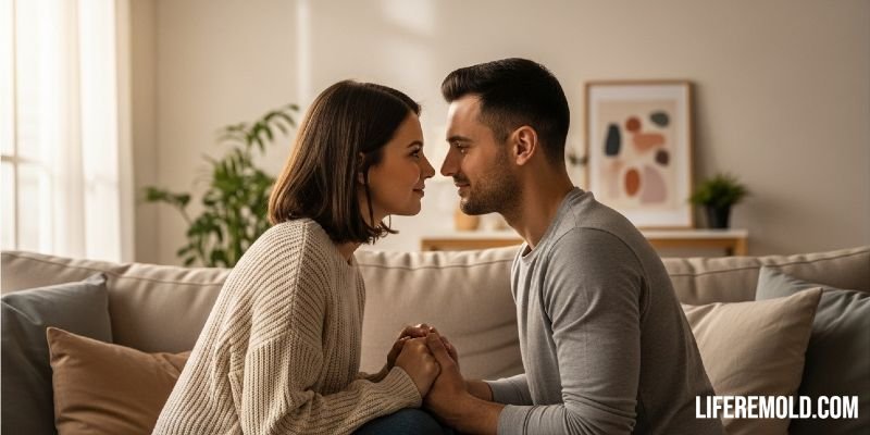 Couple having peaceful conversation showing healthy communication without arguing