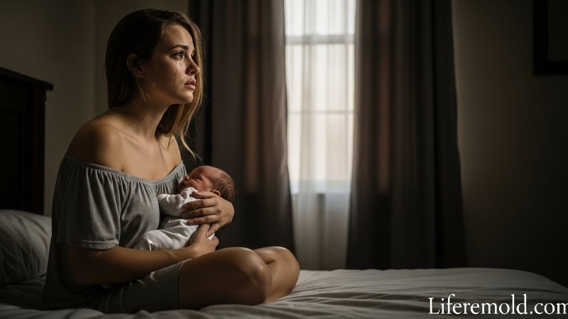 Young mother with postpartum depression holding baby while crying alone in bedroom