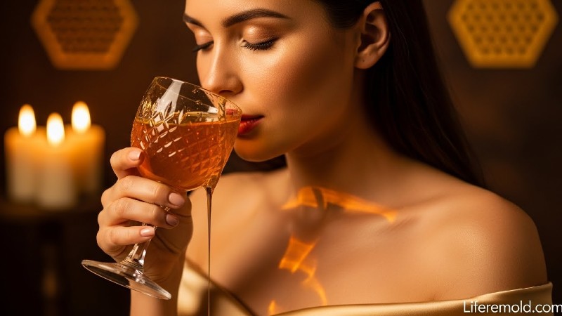 Stunning woman savoring golden honey mead in romantic candlelit atmosphere