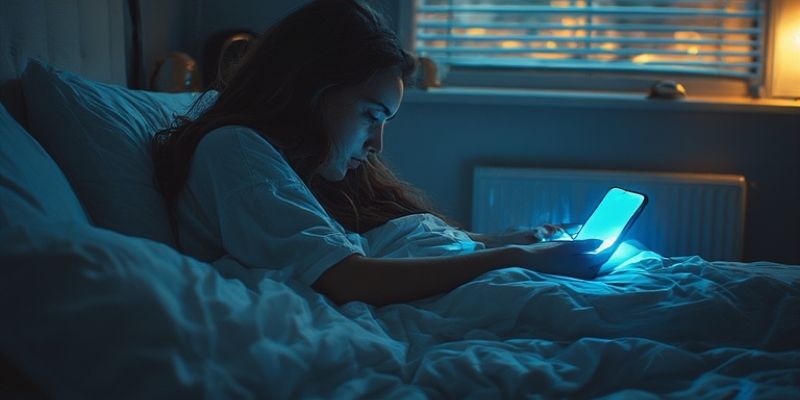 A person in bed reaching for their glowing phone first thing in the morning, a habit that is ruining their energy.