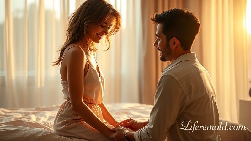 Intimate moment of man showing devotion to woman through caring gesture in bedroom demonstrating silent love language