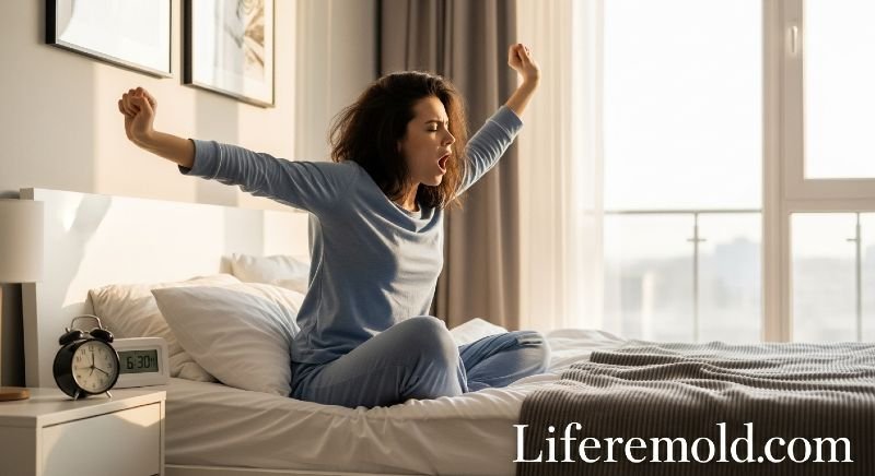 Woman experiencing morning fatigue and tiredness after waking up