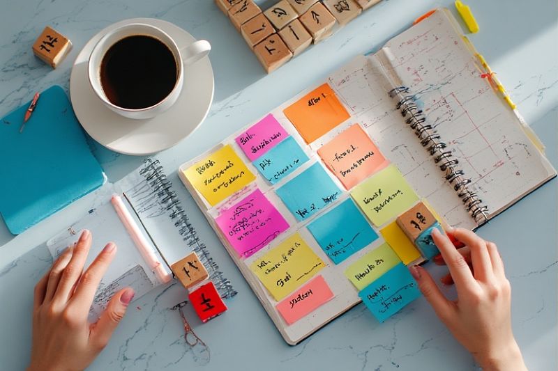 Person creating habit stacking system with coffee journal and colorful planning notes