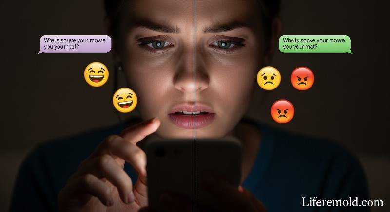 Confused woman reading misunderstood text message showing relationship communication problems