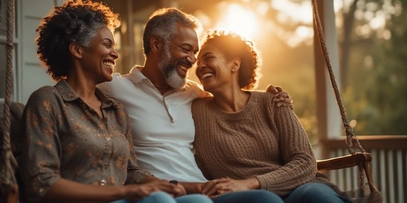 A happy middle-aged couple proving romance doesn't fade over time by laughing together at sunset.