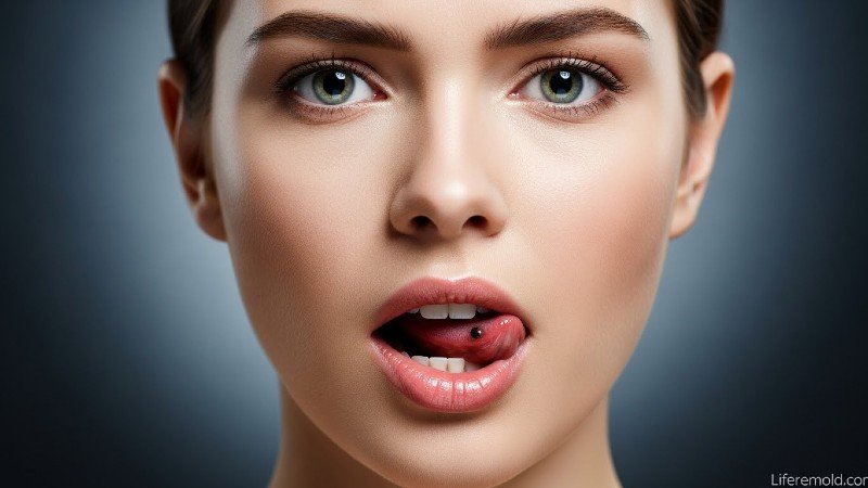 Woman examining black spot on tongue with concerned expression