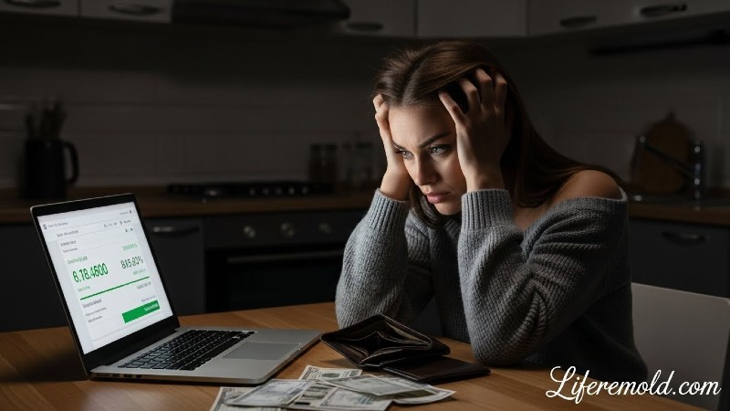 Stressed woman looking at bills and empty wallet struggling with paycheck to paycheck living