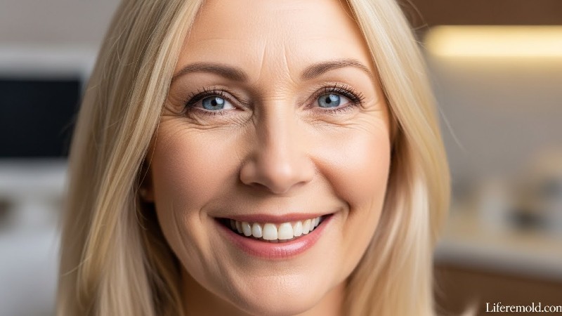 Woman with clear vision after successful cataract surgery smiling confidently