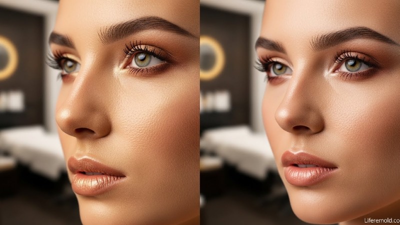 Before and after rhinoplasty comparison showing elegant facial transformation