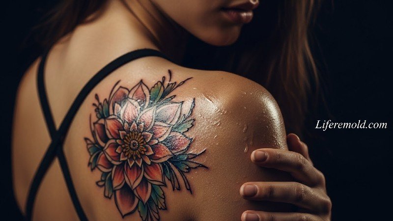 Woman with fresh back tattoo applying aftercare ointment