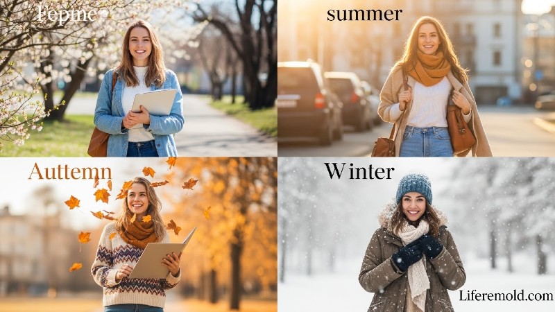 Woman experiencing lifestyle changes across four different seasons showing seasonal impacts