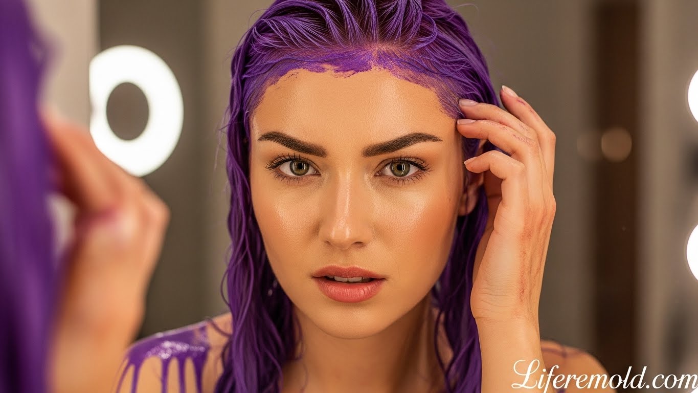 Beautiful woman with purple hair dye stains on skin looking at camera showing how to get hair dye off skin