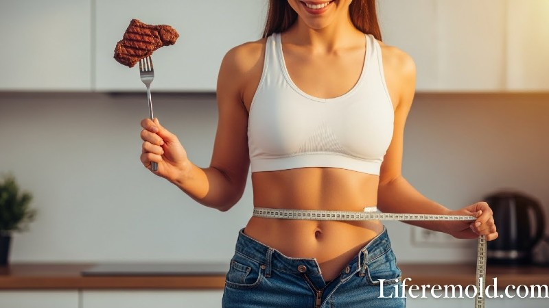 Fit woman showing weight loss results holding a steak, representing how to lose weight fast without starving.