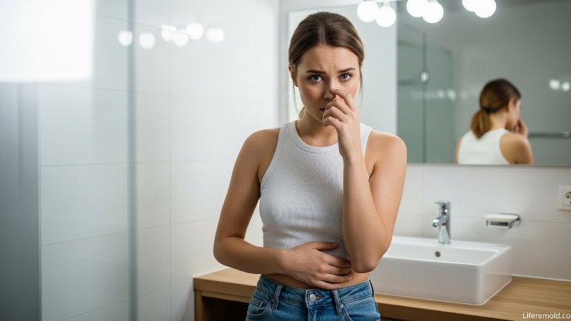 Woman concerned about body odor smelling herself through pants