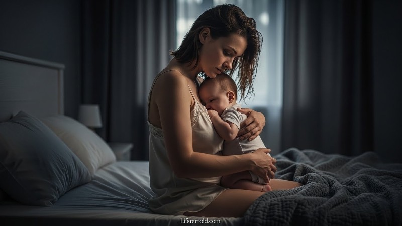 Exhausted mother holding wakeful baby during 6 month sleep regression night waking.
