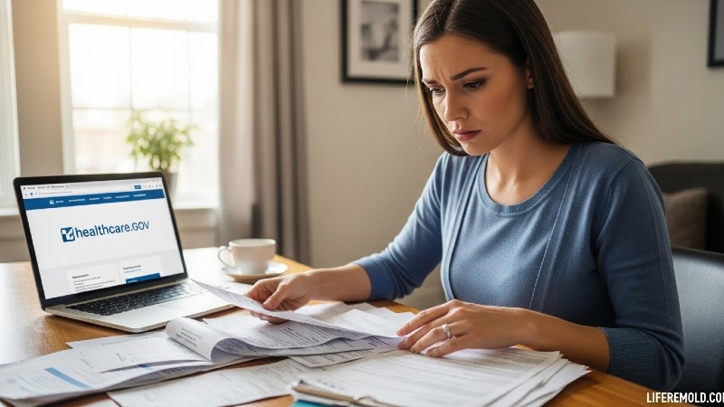 Woman reviewing health insurance documents while on disability leave at home