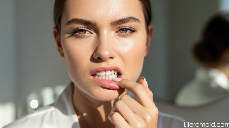 Close-up of woman inspecting gum line for tartar buildup and calculus bridge