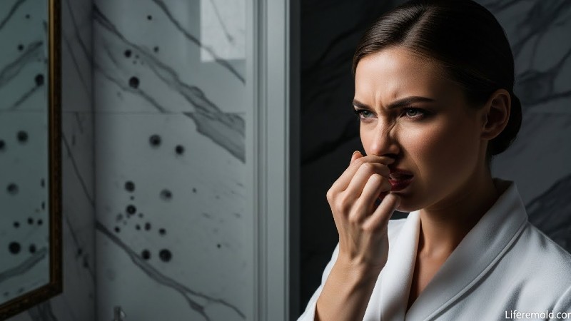 Attractive woman covering nose due to mold smell in house bathroom