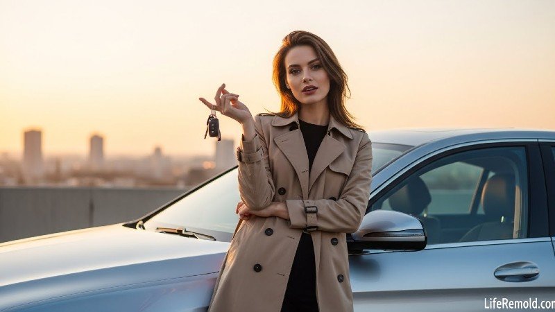 Attractive woman holding car keys ready to trade in a financed vehicle.