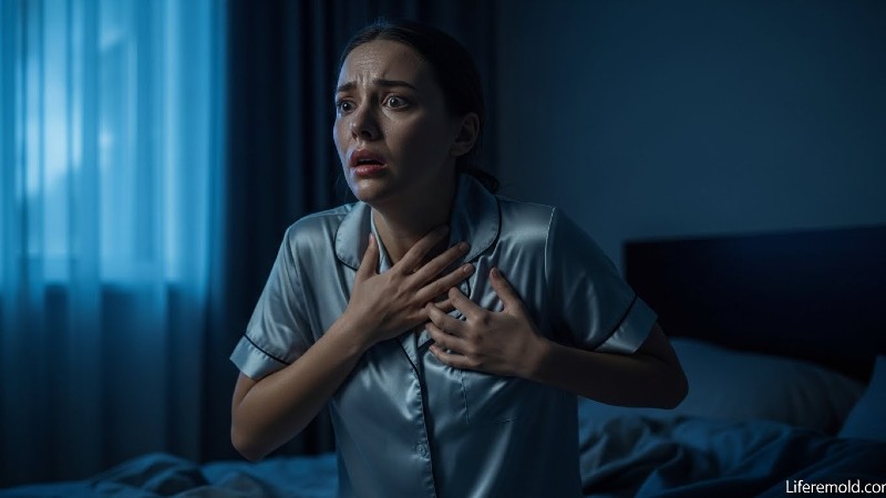 Woman gasping for air in bed due to severe acid reflux and sleep apnea symptoms.